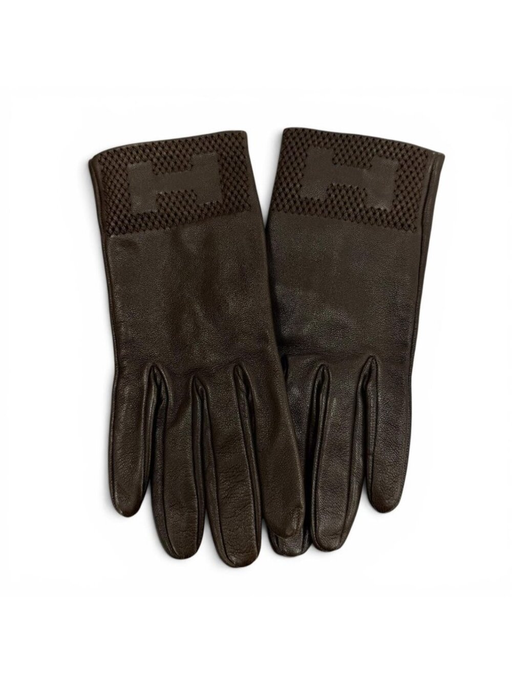Hermes Lambskin Lining Silk 100% H Logo Design Gloves Brown 7.5
